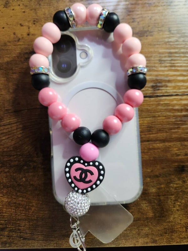 Pink & Black Chic Beaded Phone Wristlet with Tether