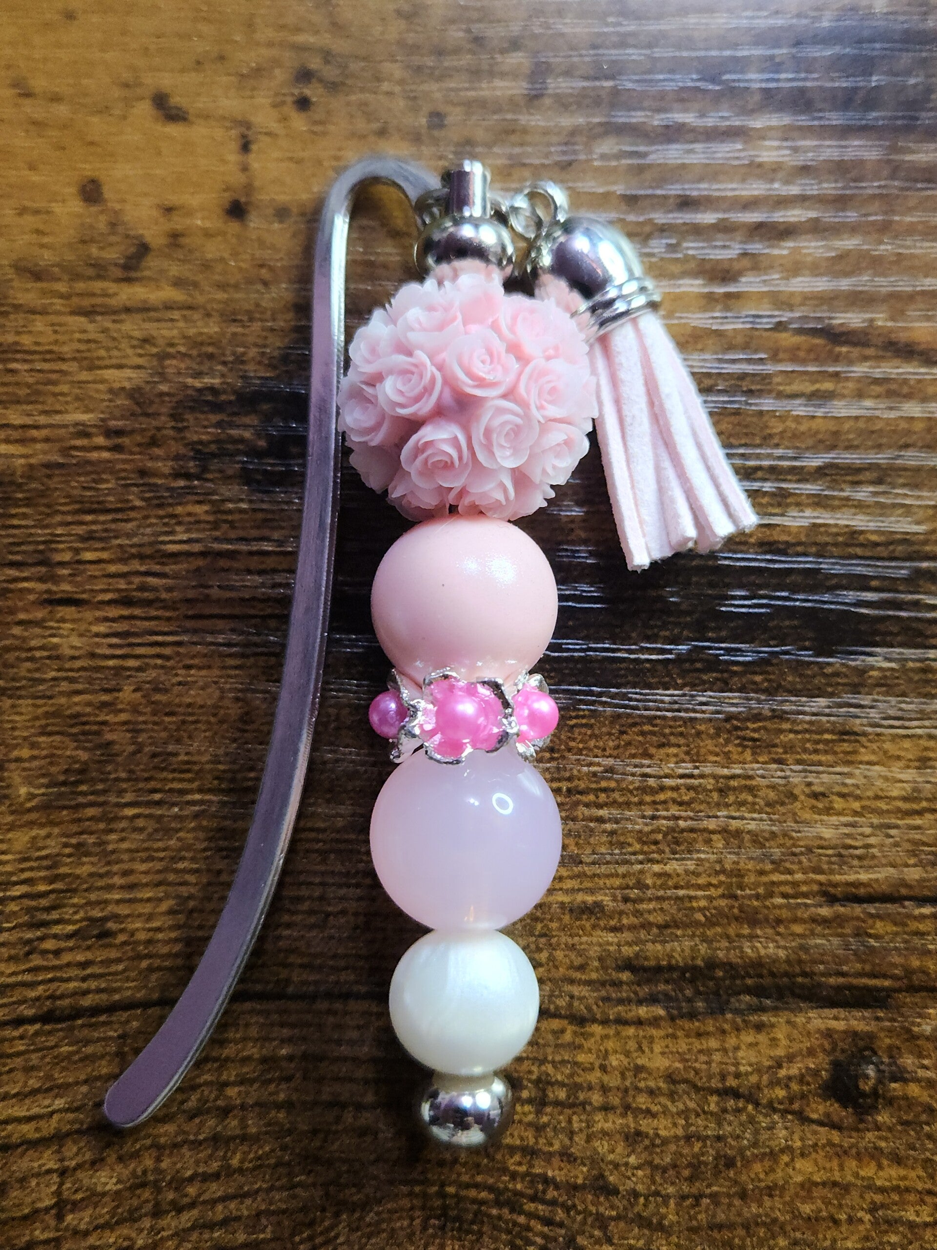 Blushing Rose & Tassel Shepherd's Hook Bookmark