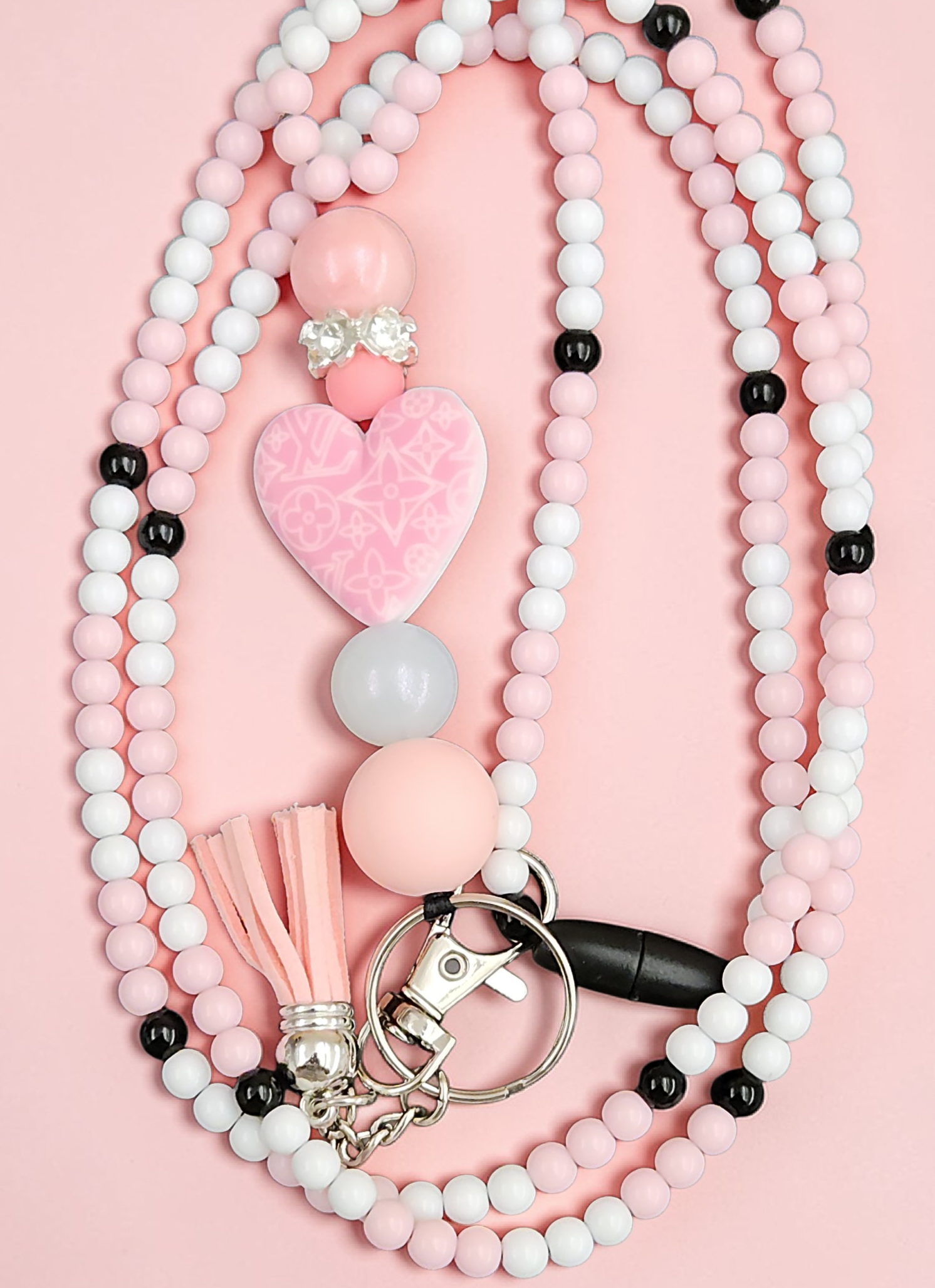 Pink Monogram Heart Beaded Lanyard & Crossbody ID Holder