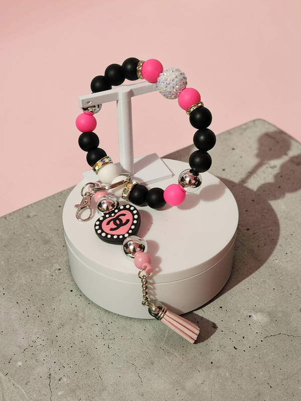 Pink & Black Heart Silicone Bead Wristlet Keychain