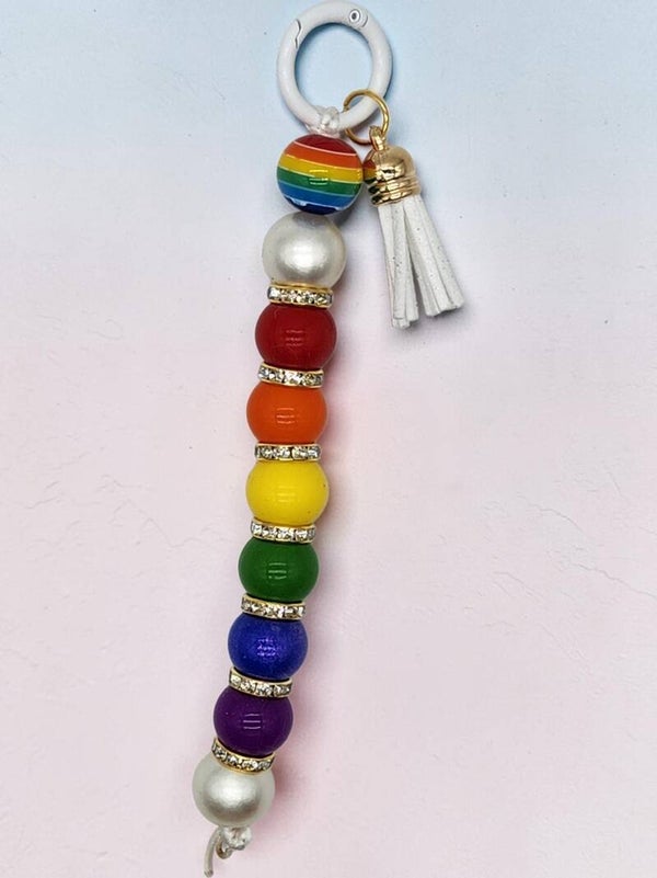Vibrant Rainbow Beaded Bag Charm & Keychain with Tasse
