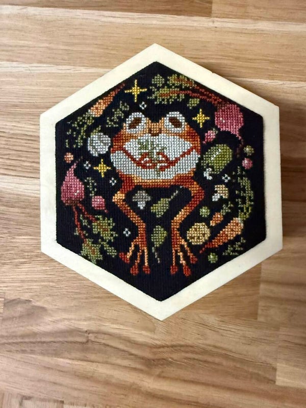 Handgefertigte Holzschatulle mit Kreuzstich – Froschmotiv 🐸🌿
