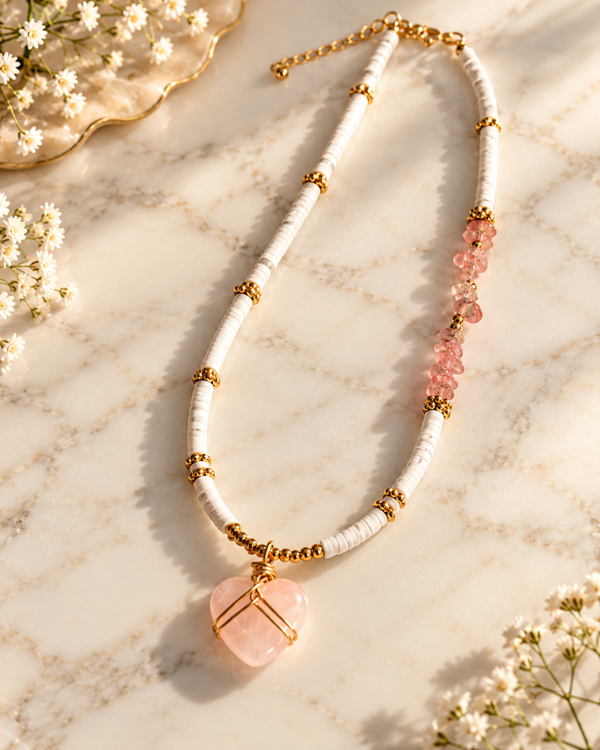 Collier Cœur en Quartz Rose