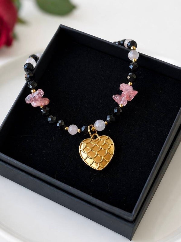 Bracelet Tourmaline noire, Quartz fraise & Cœur doré