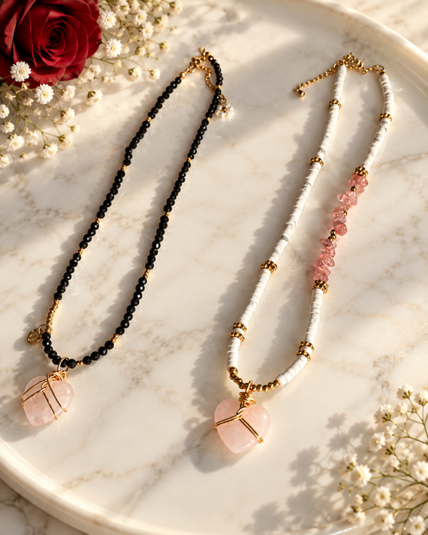 Éline | Collier Tourmaline Noire & Cœur Quartz Rose