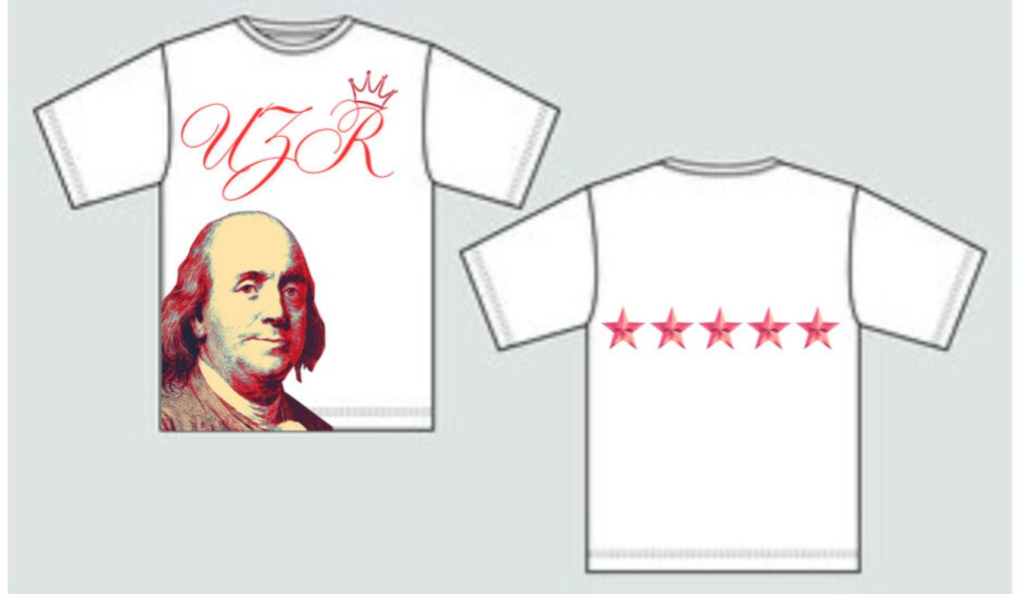 white shirt with Benjaman franklin