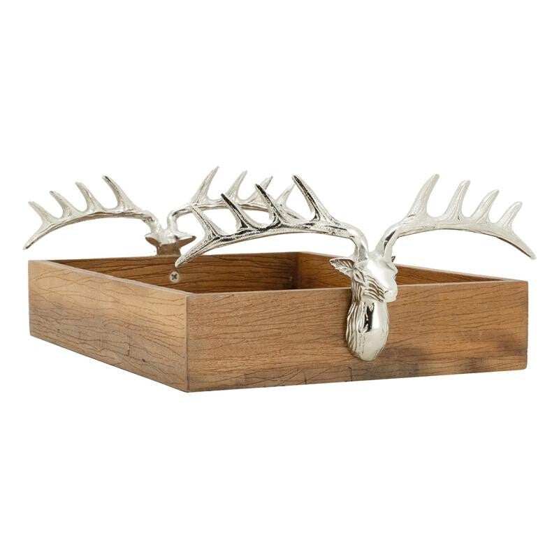 Plateau en bois recyclé orné tête de cerf métal