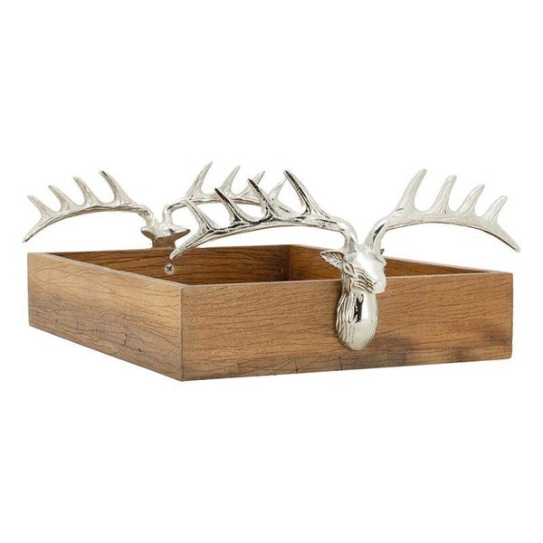 Plateau en bois recyclé orné tête de cerf métal