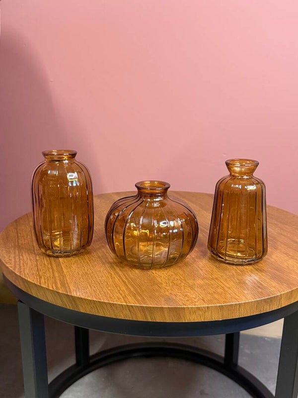 Glazen Vaasjes – Ribbelglas | Verschillende Vormen, Eén Kleur, geel/bruin