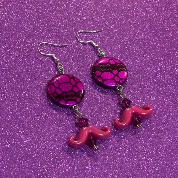 Hot pink moustache animal print bead silver earrings