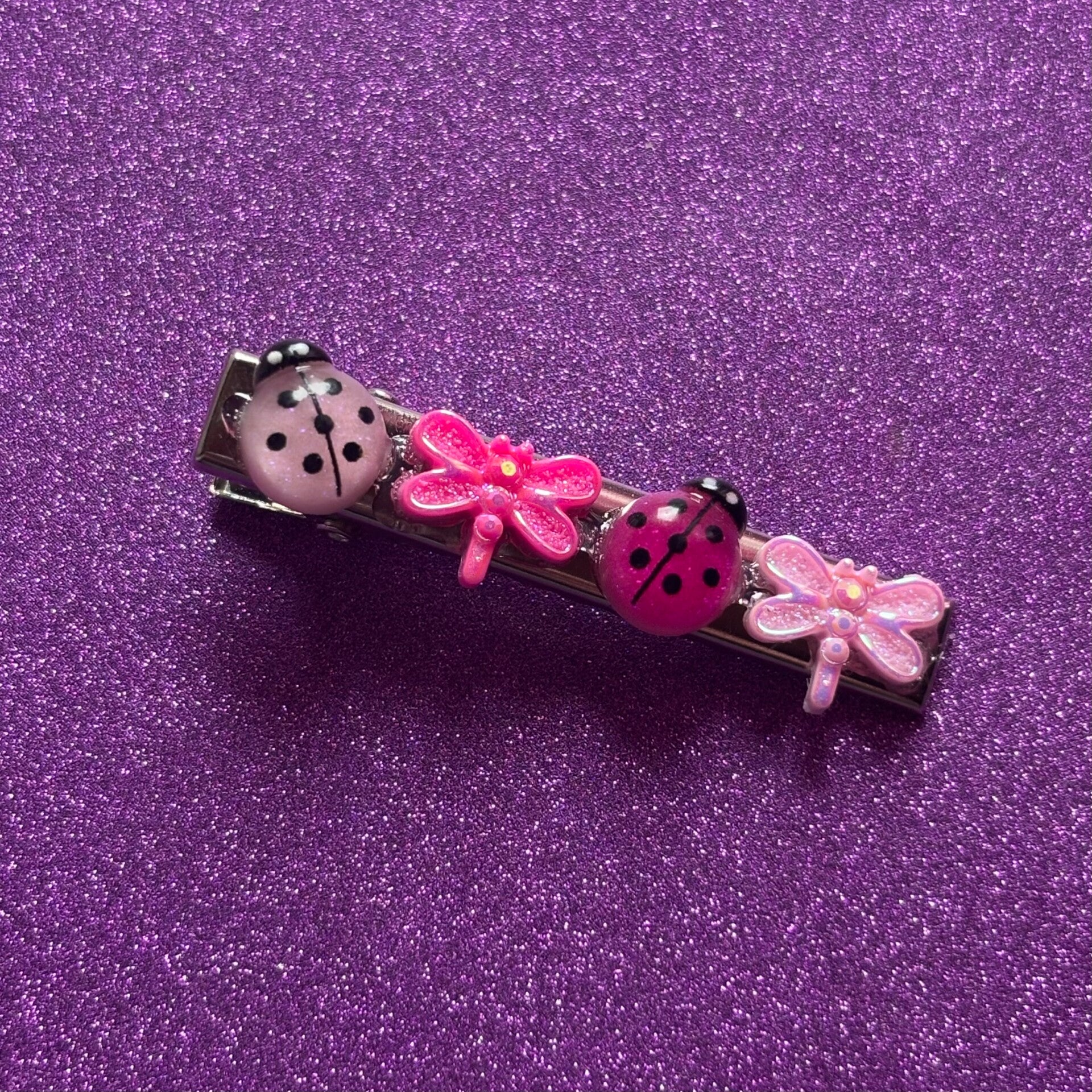 Pink dragonfly and lady bug silver hair clip