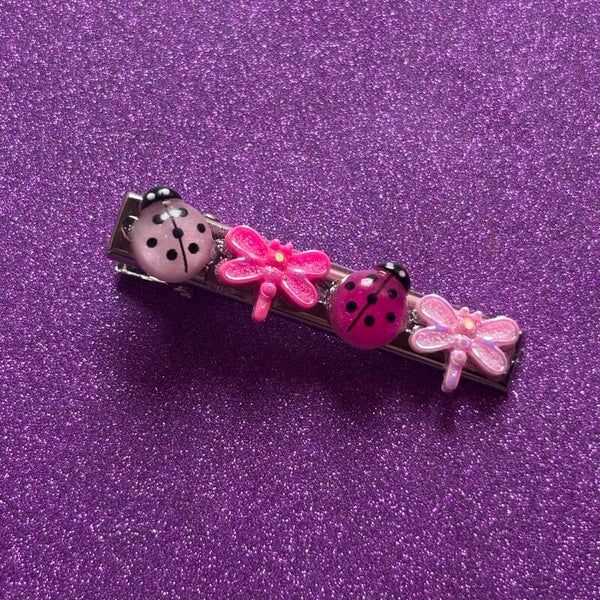 Pink dragonfly and lady bug silver hair clip