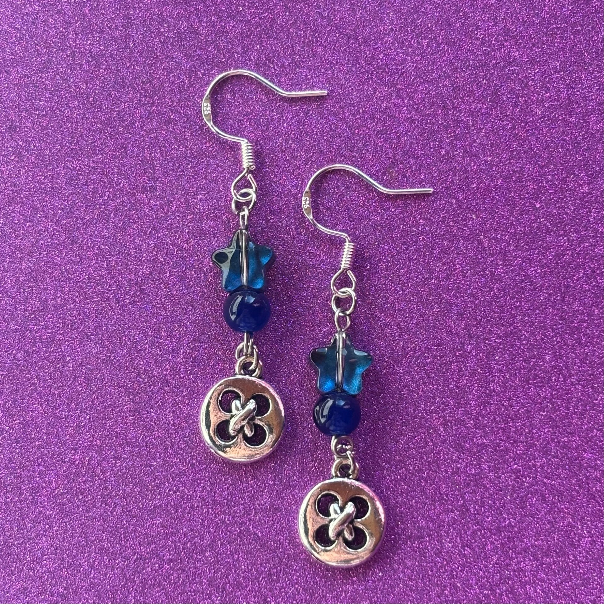 Blue star silver button charm earrings