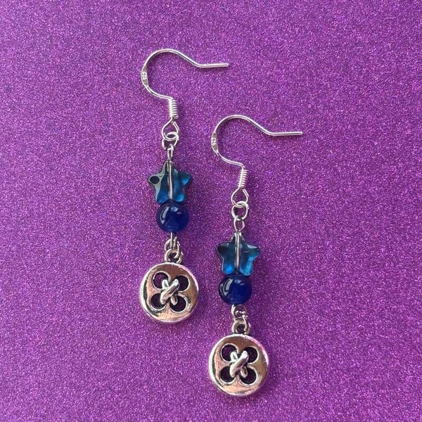 Blue star silver button charm earrings