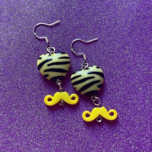Yellow zebra print moustache silver earrings