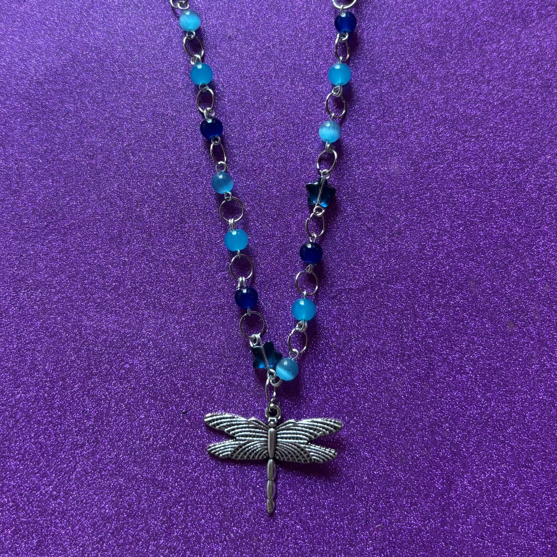 Blue beaded star silver dragonfly pendant necklace