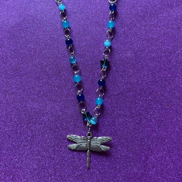 Blue beaded star silver dragonfly pendant necklace