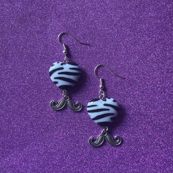 Zebra print silver moustache earrings