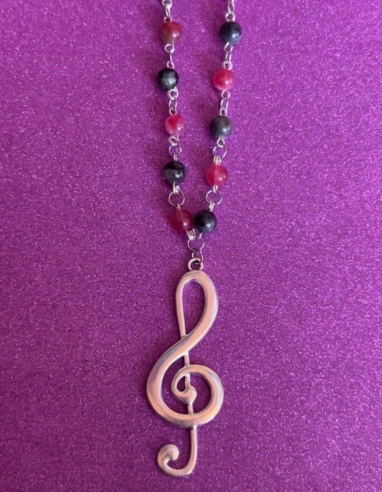 Silver music note pendant crystal gemstone beaded necklace