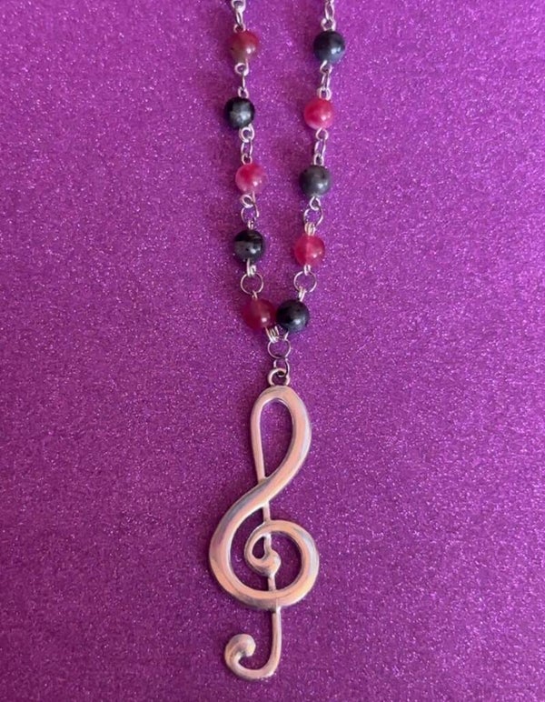 Silver music note pendant crystal gemstone beaded necklace