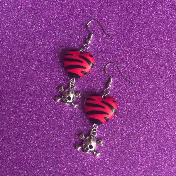 Red Zebra print silver skull charm earrings