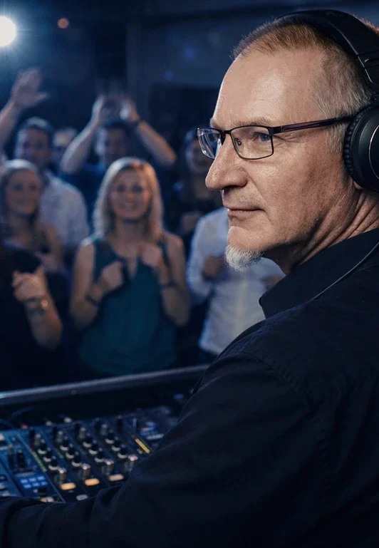 DJ Rigger am DJ-Pult im Scheinwerferlicht vor Publikum, Buchungsanfrage für Events