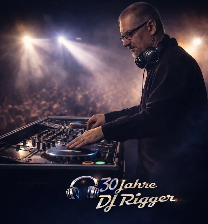 DJ Rigger mit Kopfhörern am Pult vor tanzendem Publikum, Open Format DJ aus Hamburg