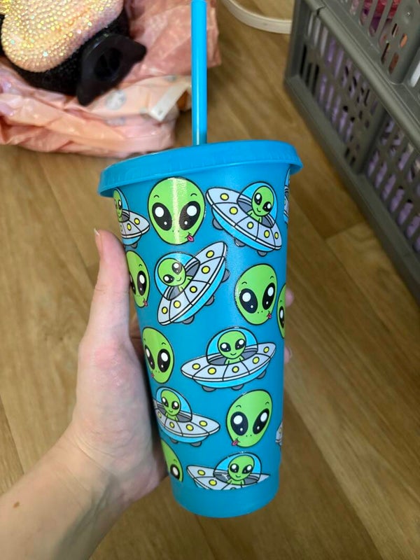 Blue Alien Cup – Alien Faces & Spaceship Design