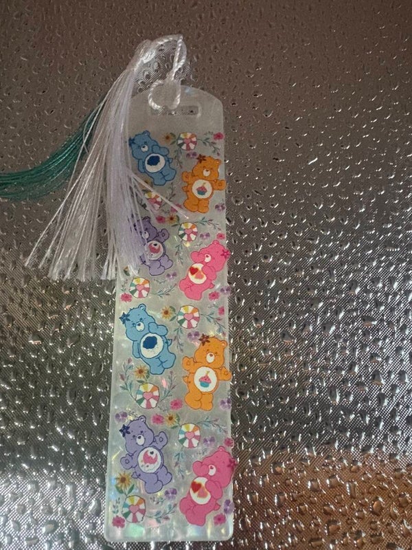 White Pearl-Effect Bookmark – Care Bear Design