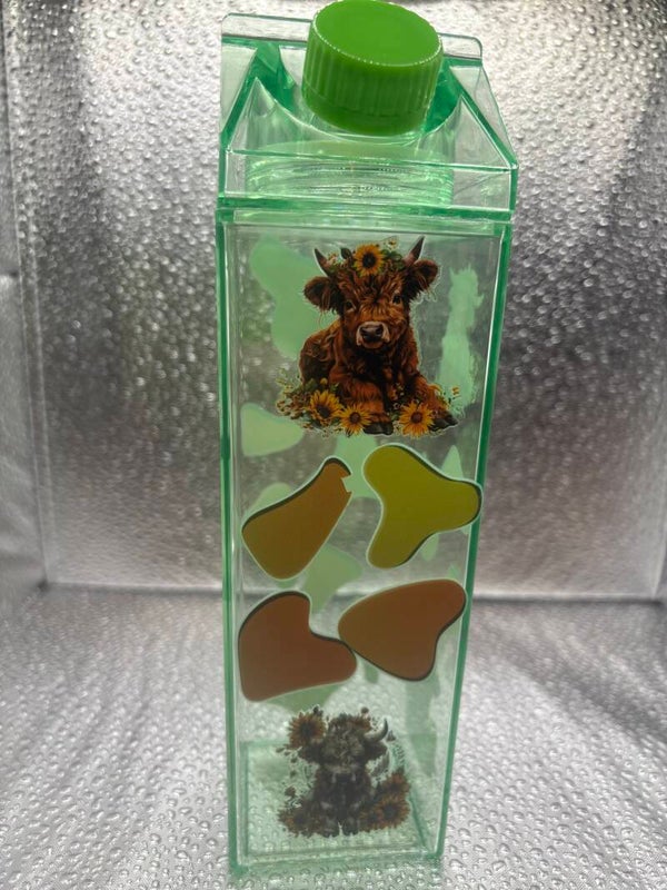 Green Milk Carton – Highland Cow & Sunflowers Design