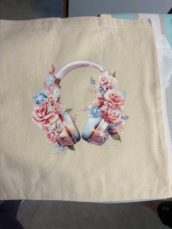 Medium Tote Bag – Pink Headphones with Pink & Blue Floral Design
