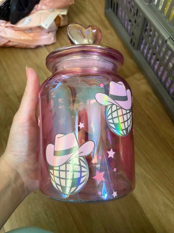 Pink Iridescent Jar – Heart Knob Lid with Holographic Discoballs & Pink Cowboy Hats