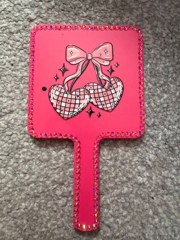 Pink Handheld Mirror – Rhinestone Edge with Holographic Hearts & Bow