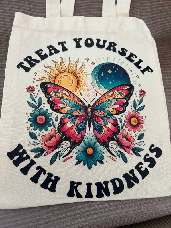 Small Tote Bag – Colourful Butterfly & Flowers with “Treat Yourself With Kindness”