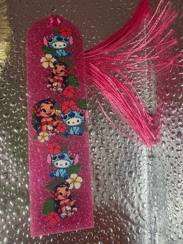 Pink Sparkly Bookmark – Lilo & Hello Kitty as Stitch with Matching Tassel