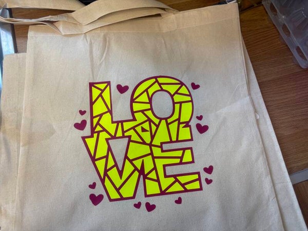 Medium Tote Bag – Neon Yellow “LOVE” with Pink/Purple Outline & Hearts