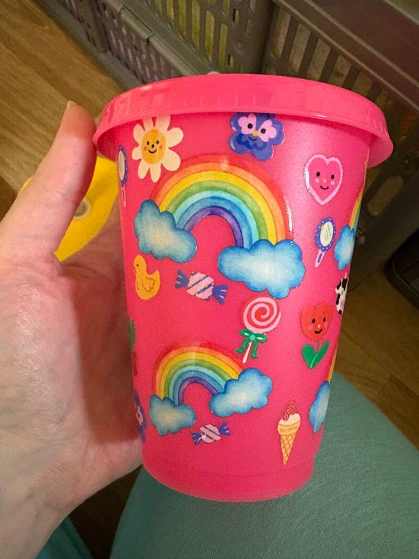 Children’s Pink Single-Walled Cup – Rainbows, Flowers & Cute Details