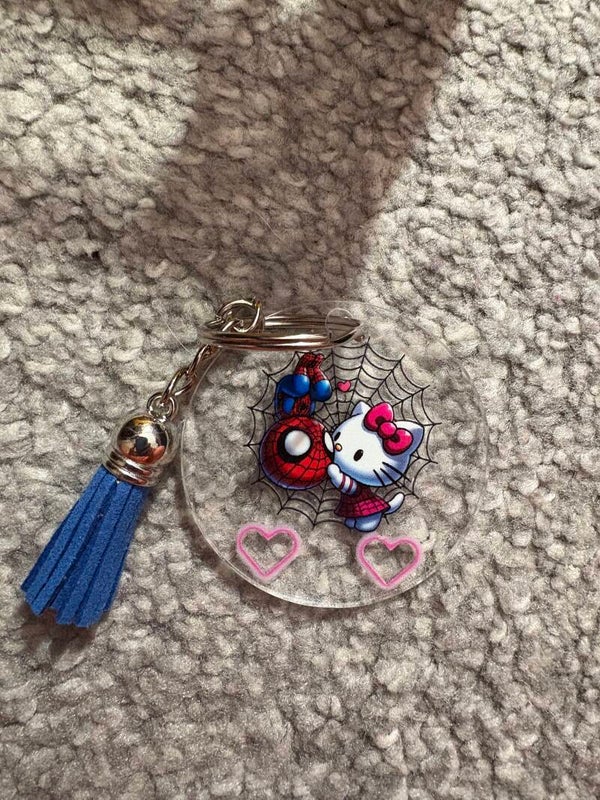 Clear Bookmark – Spiderman & Hello Kitty on Spider Web with Pink Hearts & Blue Tassel