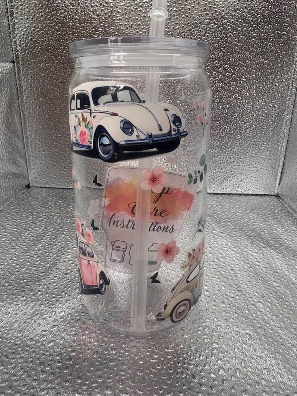 Clear Libby Cup – VW Bug & Pink Flowers