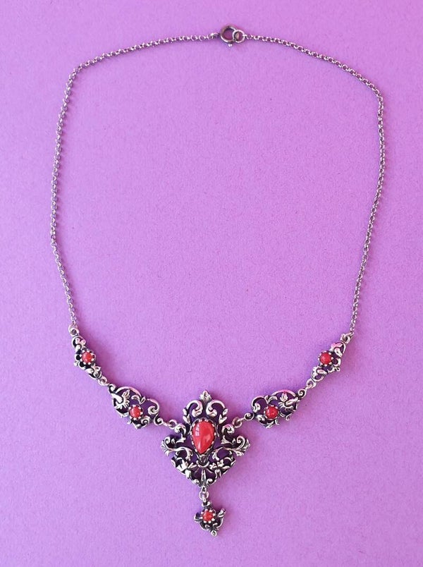 Antike Halskette Silber Koralle Tracht