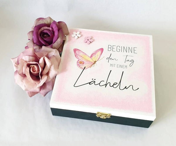 Holz Geschenkbox - beginne den Tag mit einem Lächeln