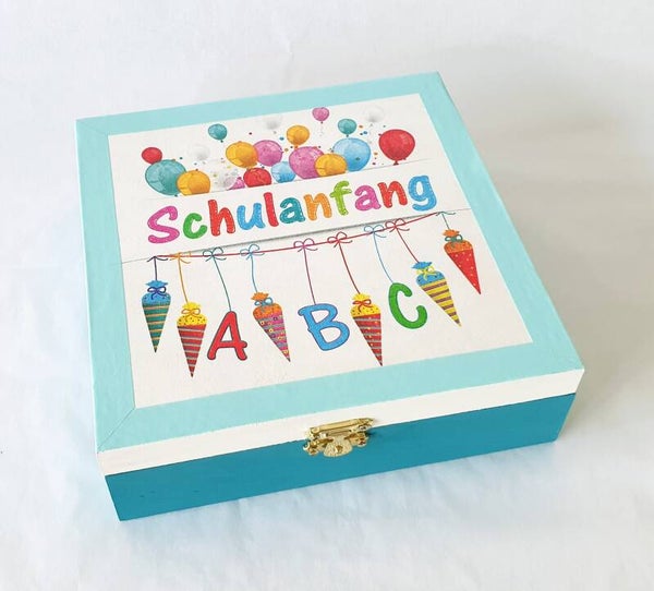 Holz Geschenkbox - Schulanfang türkis