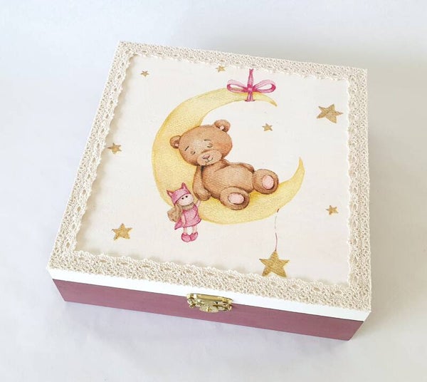 Holz Geschenkbox - Mondbär Mädchen