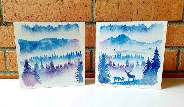 Holzbilder 2er Set HIRSCHE IM WALD