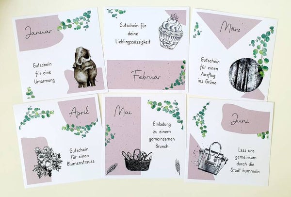 12 Gutschein-Spruchkarten für 1 Jahr