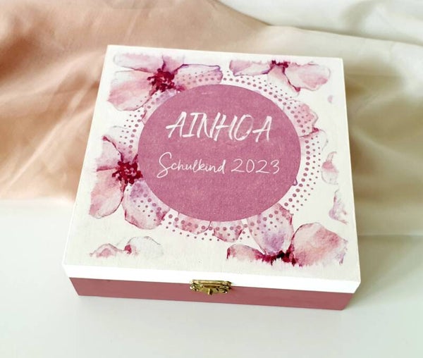 Holz Geschenkbox - Schulkind Blumen