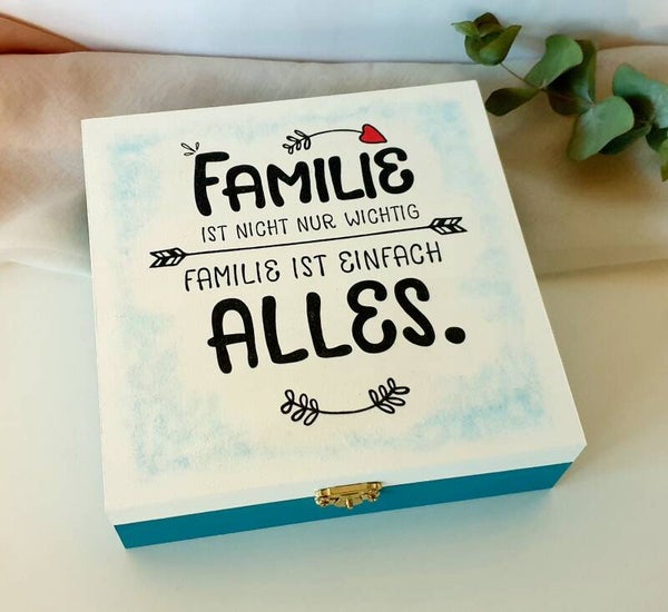Holz Geschenkbox - Familie türkis