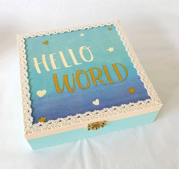 Holz Geschenkbox - Hello World blau