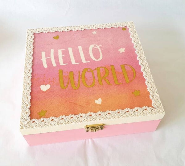 Holz Geschenkbox - Hello World rosa