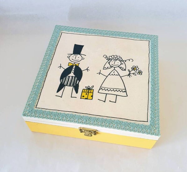 Holz Geschenkbox - Brautpaar gelb